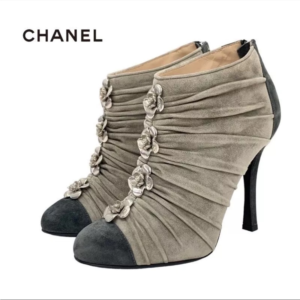 CHANEL 2 tone Suede Camellia Women's Flower Booties